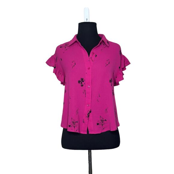 BP fuchsia black floral pint short sleeves button blouse size XS - Picture 1 of 9